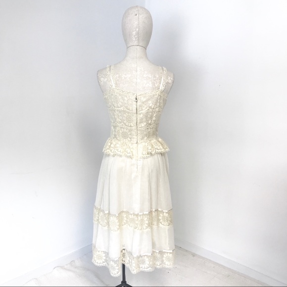 70s Vintage S/M Boho Floral Lace Midi Dress Cream - Picture 7 of 13